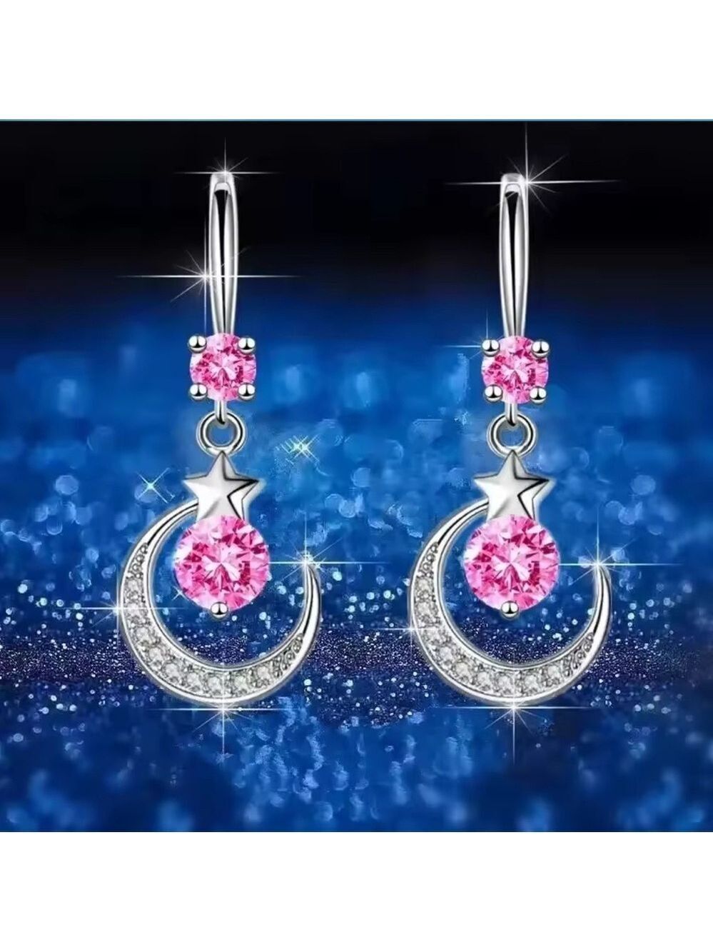 S925 Sterling Silver Pink Zircon Crescent Moon Earrings
